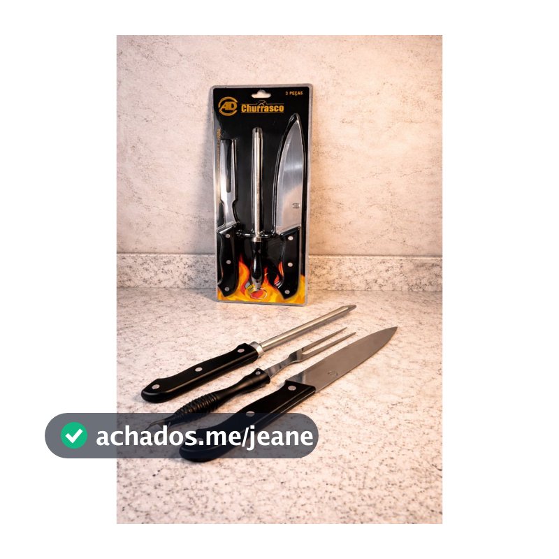 Kit Churrasco Completo 3 Peças Faca Garfo e Chaira Aço Inox Com cabo de Plástico.