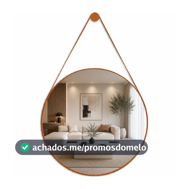 Espelho Adnet Couro Com Alça 20cm 30cm 40cm 50cm 60cm Sala Quarto Banheiro Redondo + Suporte