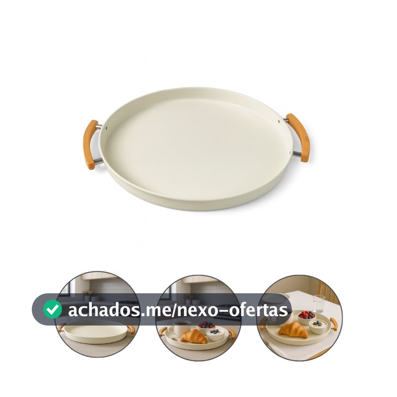 Bandeja Decorativa Multiuso Grande Para Servir Metal Redonda Reforçada Alça Em Bambu 36cm Linha Lumi Larumi