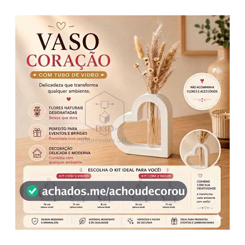 Kit 2 ou 3 Vasos Coração com Tubo de Vidro | SEM FLORES - Decoração Elegante