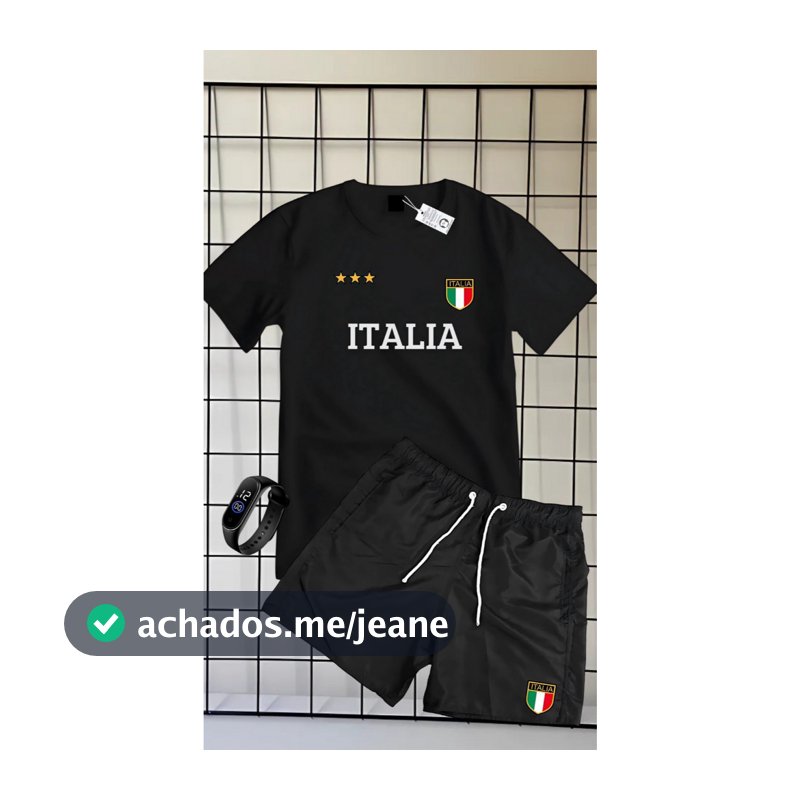 Conjunto Kit camiseta verão 100% algodão 30,1 bermuda leve para caminhada e academia ESTAMPA ITALIA + RELOGIO DIGITAL