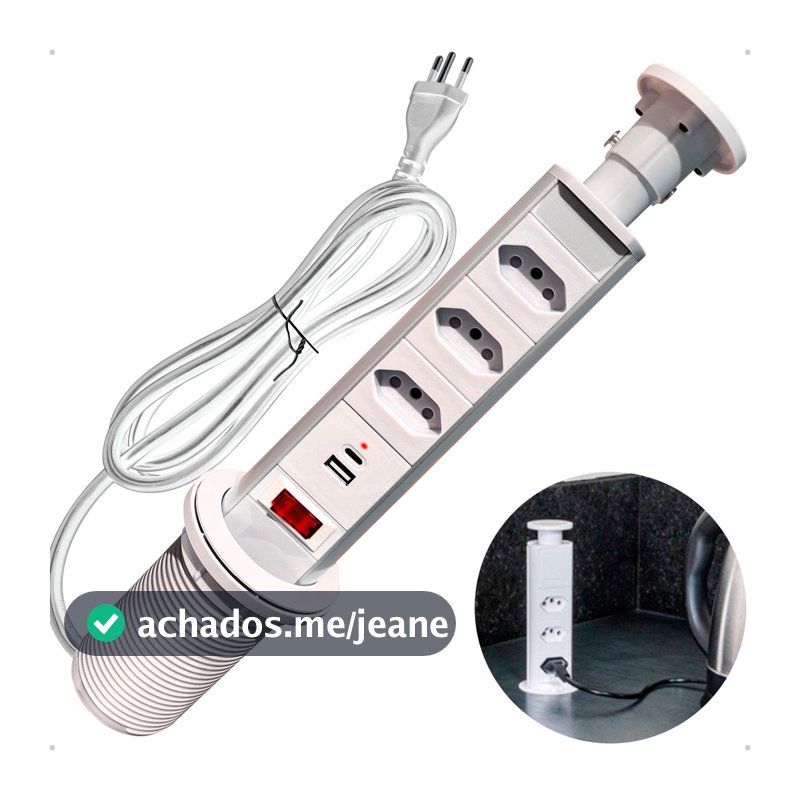 Torre 3 Tomadas 20A Multiplug Retrátil Bivolt USB C Embutir Mesa Bancada Pia Ilha Totem Deslizante