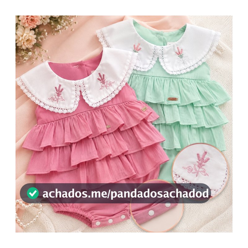 Body infantil para bebe bordado com gola e babados confortavel e charmoso bory para menina