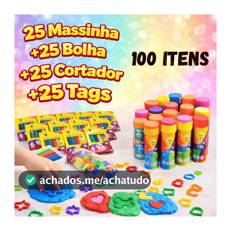 Kit 25 Cx Massinha de Modelar + 25 Bolha de Sabão + 25 Cortador + 25 Tags lembrancinhas de aniversário infantil festa