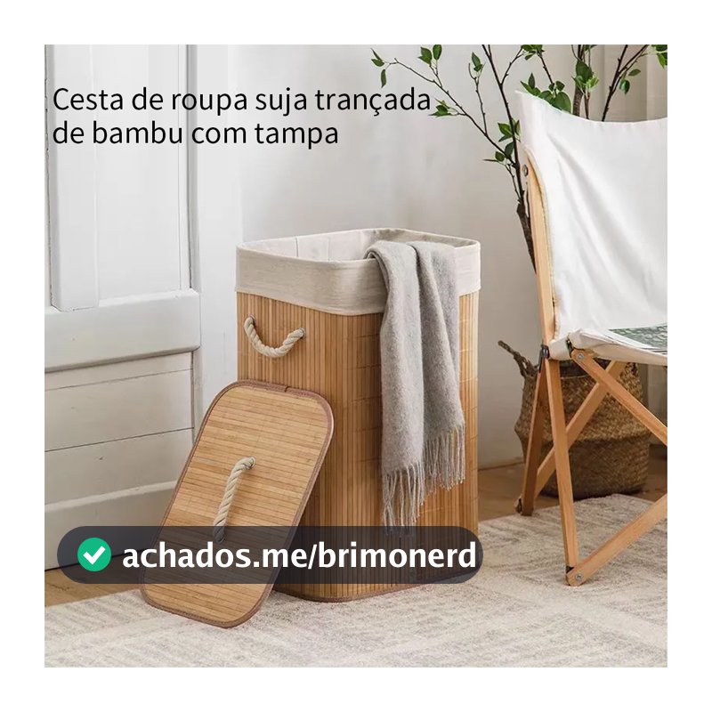 Cesto De Roupa Bambu Caixa Suja Bambu Lavanderia Com Tampa e Forrado Grande Organizador Banheiro Organizadora Brinquedos