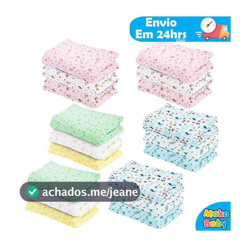 Kit 6 Cueiros Bebê Flanelado Estampado 100% algodão 80cm x 50cm