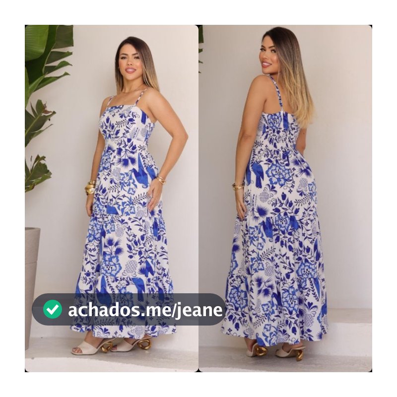Vestido Longo Feminino Estampado Com Bolho Alça Regulável Com LASTEX nas Costas