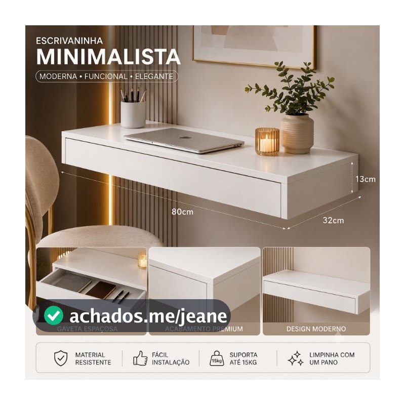 Escrivaninha Suspensa 80cm Gaveta MDF Branca Mesa de Parede Compacta Home Office Moderna Penteadeira Ja Vai Montada