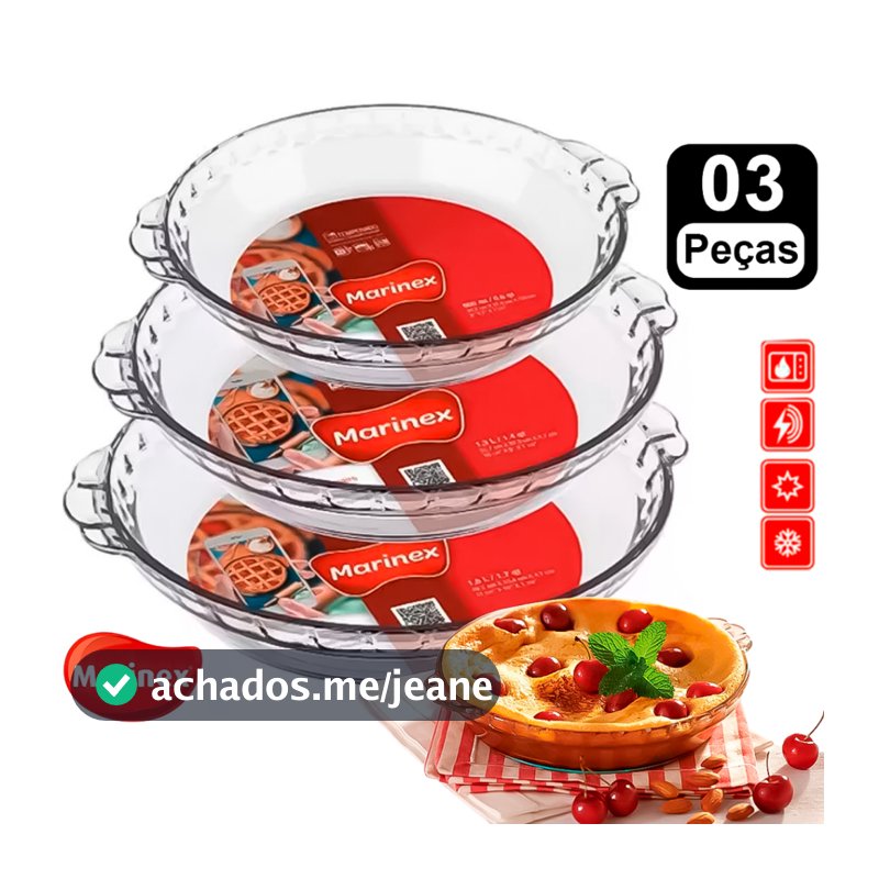 Jogo 3 Assadeiras Vidro Filetada Marinex 0,6L 1,3L 1,6L Conjunto Forma PMG Decorações Bolo Pudim