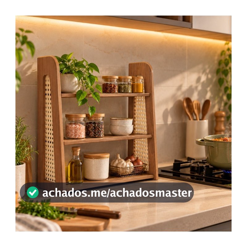Estante Porta Temperos 3 Prateleiras MDF Palha Indiana Natural Boho Cozinha