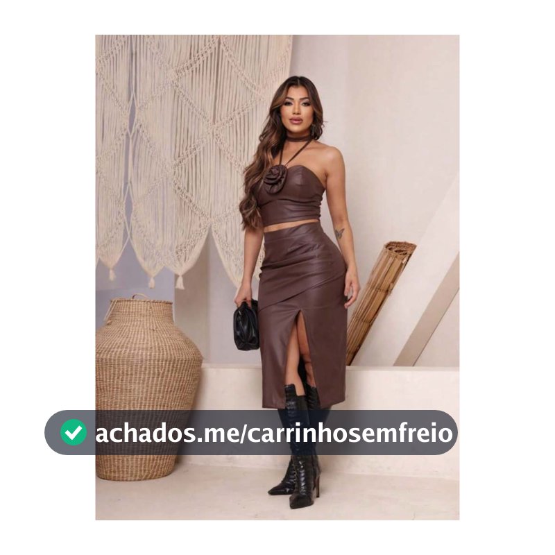 Conjunto Feminino Cropped Flor e Saia Midi de Couro Fenda Festa Elegante