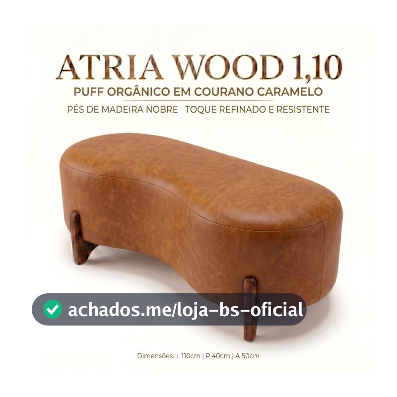 Puff Atria Wood 1,10m em Corano Caramelo Premium • Design Orgânico Contemporâneo • Sofisticação e Exclusividade