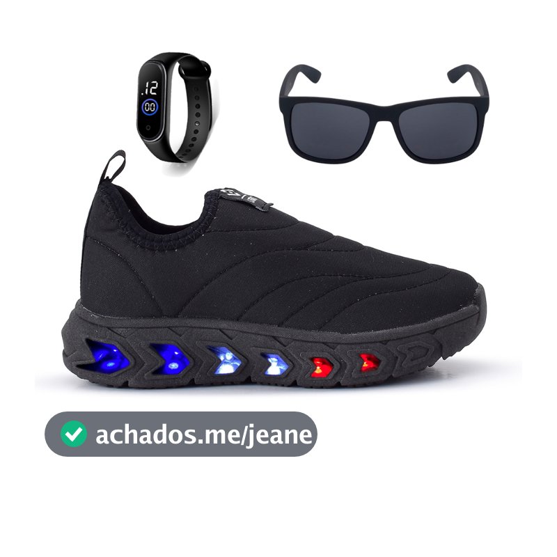 Tenis Infantil de Led Menino e Menina Calce Facil Preto e Preto e Óculos e Relógio Patito
