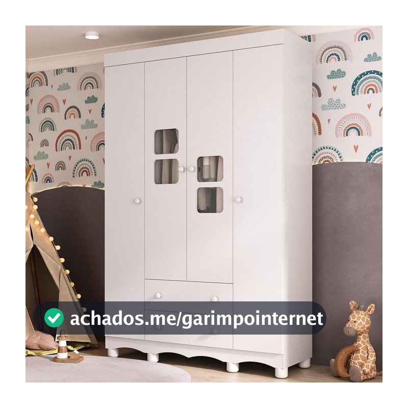 Guarda-roupa Infantil 122cm com Vidro 4 Portas e 2 Gavetas Luna Multimóveis MP4413