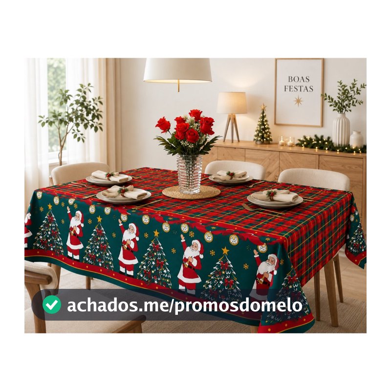 Toalha de Mesa Natalina 4, 6 e 8 Lugares Oxford Natal Estampada Papai Noel Vermelho Verde