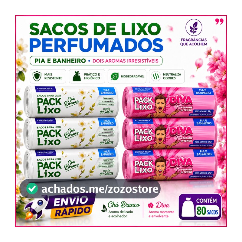 Kit Sacos de Lixo Perfumados para Pia e Banheiro – Chá Branco e Diva