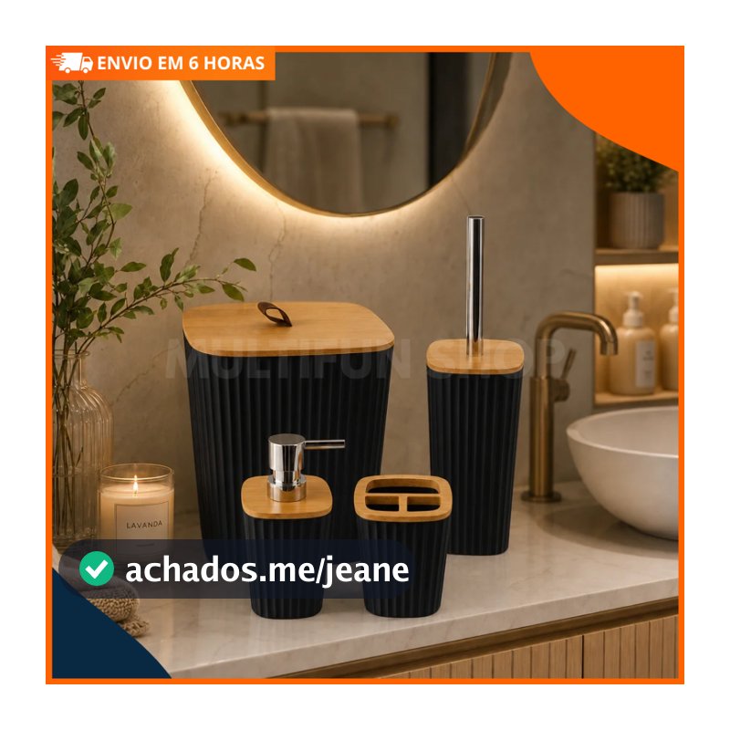 Conjunto 4 Peças de Banheiro Moderno com Tampa de Bambu – Organizador Decorativo Elegante Branco ou Preto