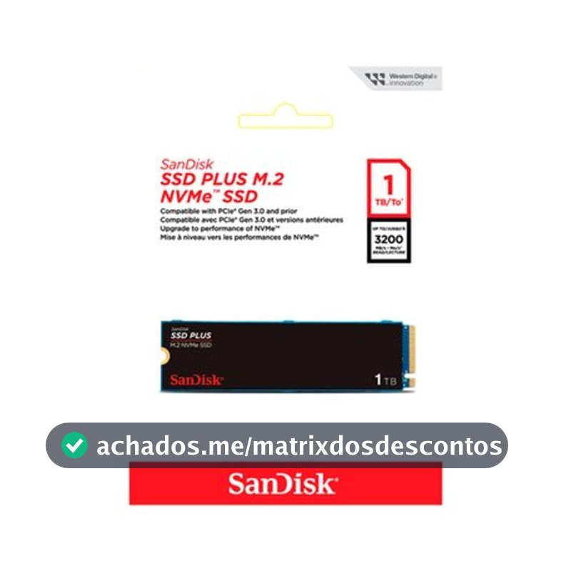 SSD SanDisk Plus, 1TB, M.2 PCle, NVMe, Leitura 3200MB/s e Gravação acima de 2500MB/s, Preto - SDSSDA3N-1T00-G26