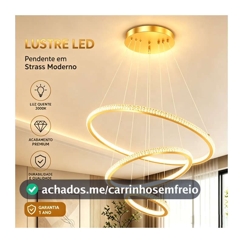 Luminária Pendente LED de Cristal Anular de Luxo - Bivolt Iluminação Tricolor Ideal para Sala de Estar e Quarto