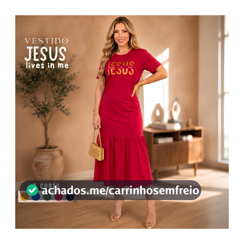 Vestido Midi Moda Evangélica Babado Elegante para Mulheres Cristãs Estampa Jesus