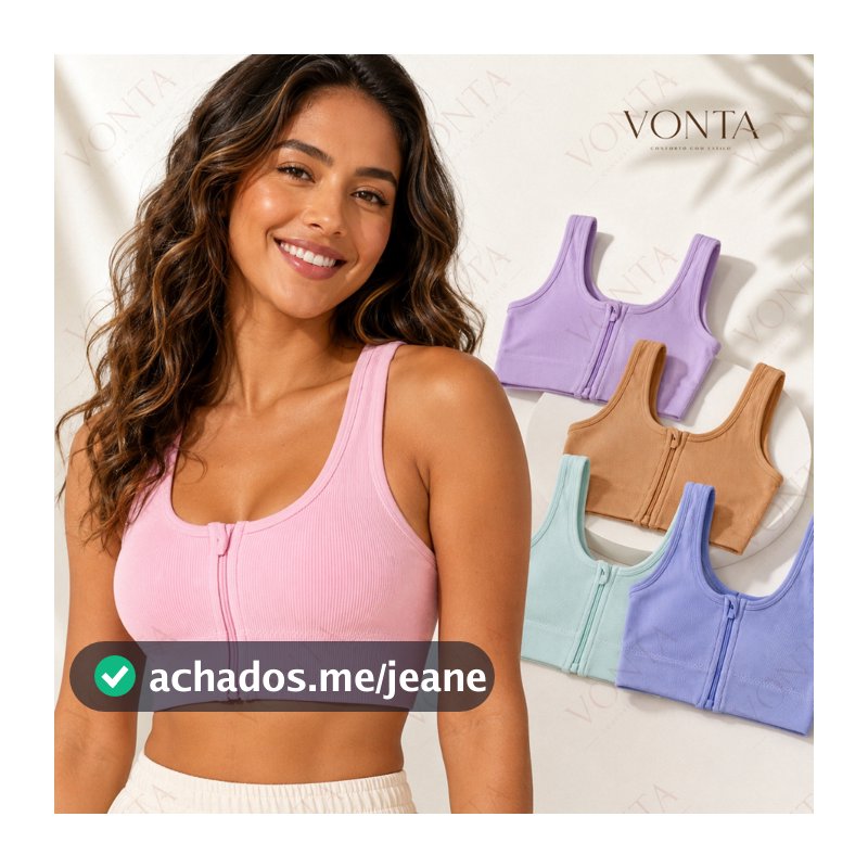 Top Cropped Feminino Com Zíper Frontal Canelado Alças Largas Sem Bojo Fitness Academia Yoga Dia a Dia VONTA