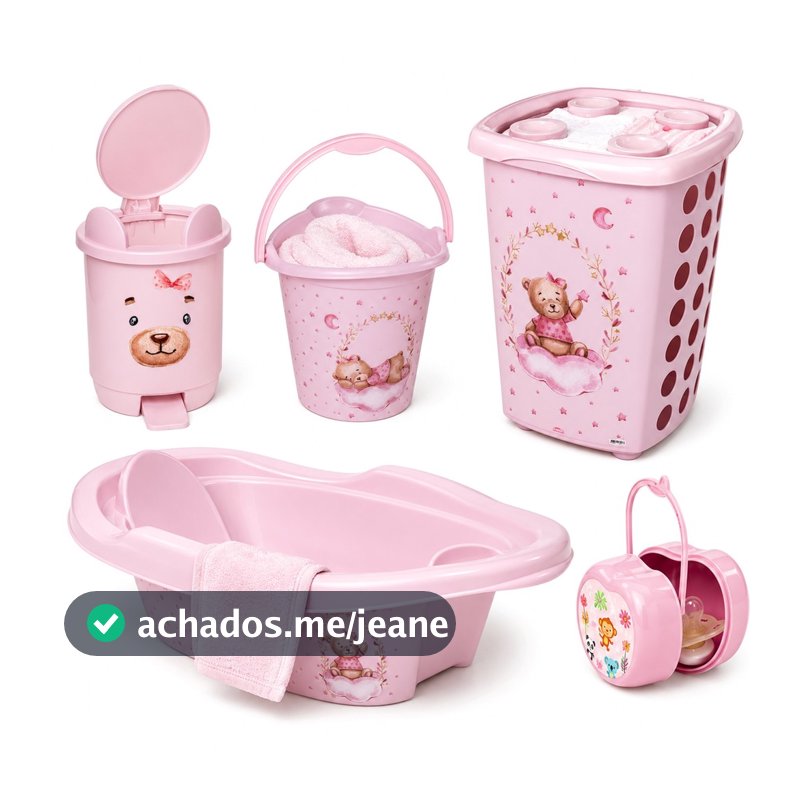Conjunto Infantil Ursa Rosa Banheira Bebê Cesto Organizador Balde Lixeira 5 Peças - Plasútil