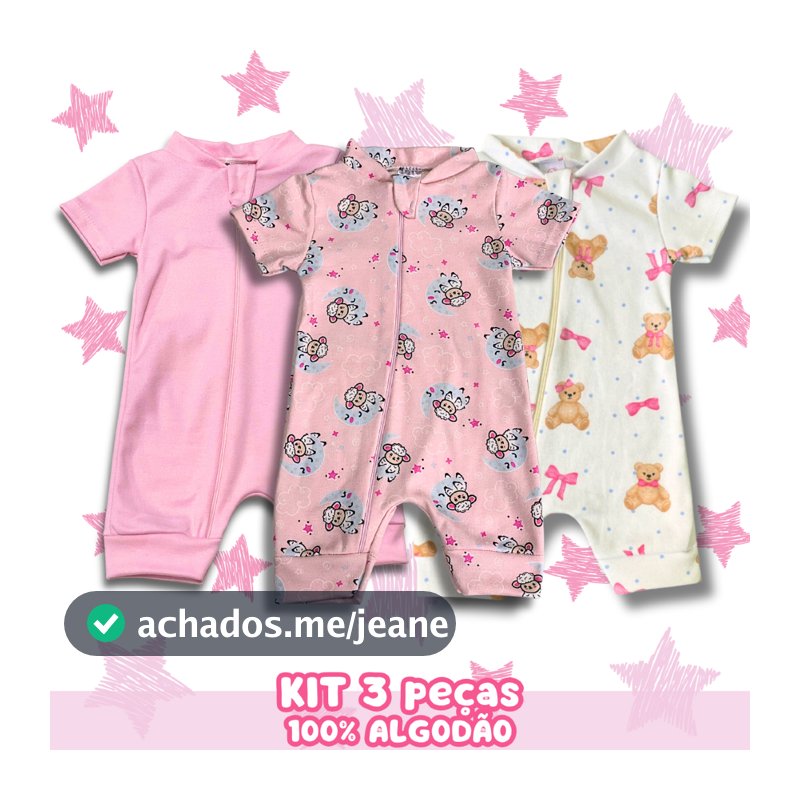 Kit 3 Macacão De Verão Bebe Menina Algodão Passeio Curto