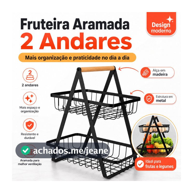 Fruteira Aramada 2 Andares para Cozinha | Cesto Organizador de Metal com Alça de Madeira | Porta Frutas, Legumes