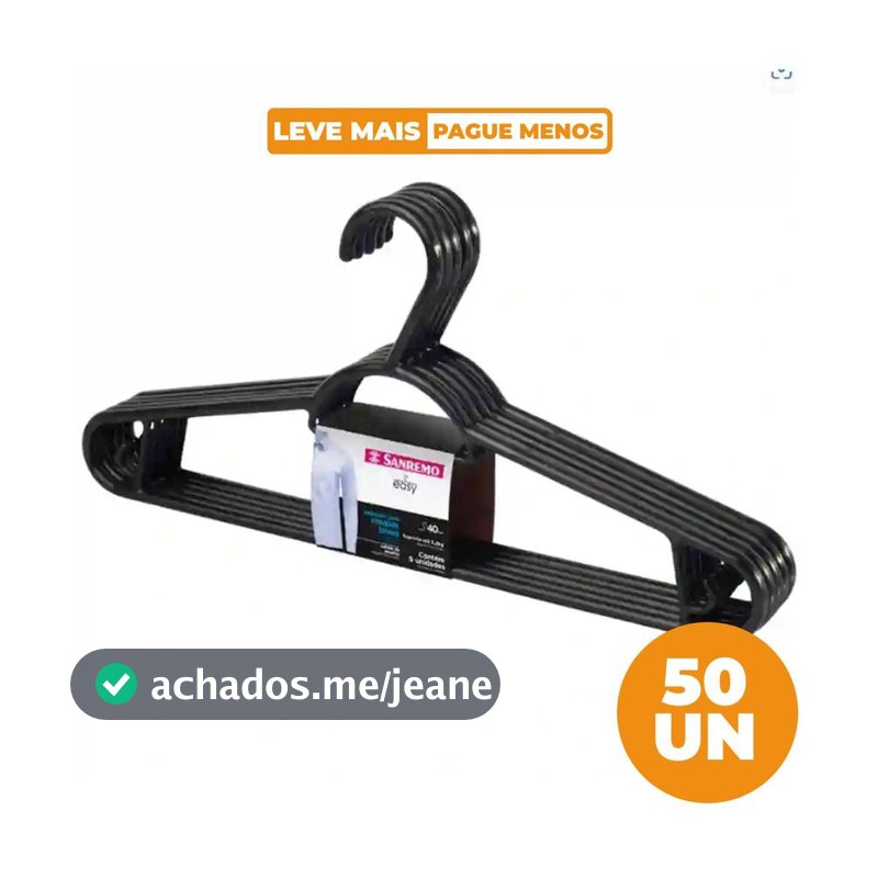 Kit 50 Cabides Plásticos Adulto 40cm Preto Easy Sanremo 50 Unidades