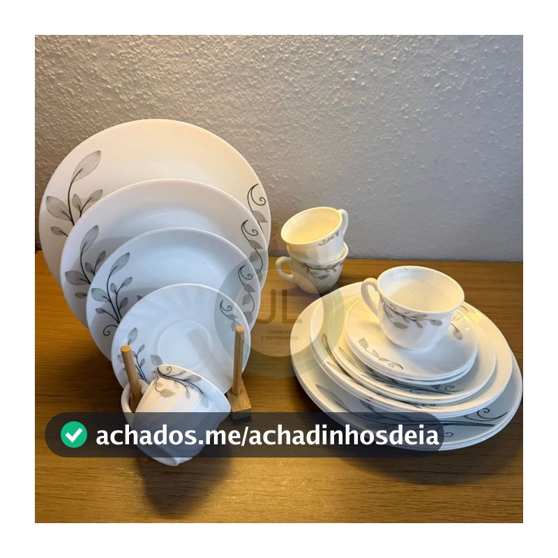 Aparelho de Jantar 20 Peças Vidro Opaline Branco Estampado Pratos + Xícaras Jogo de Jantar 4 Pessoas