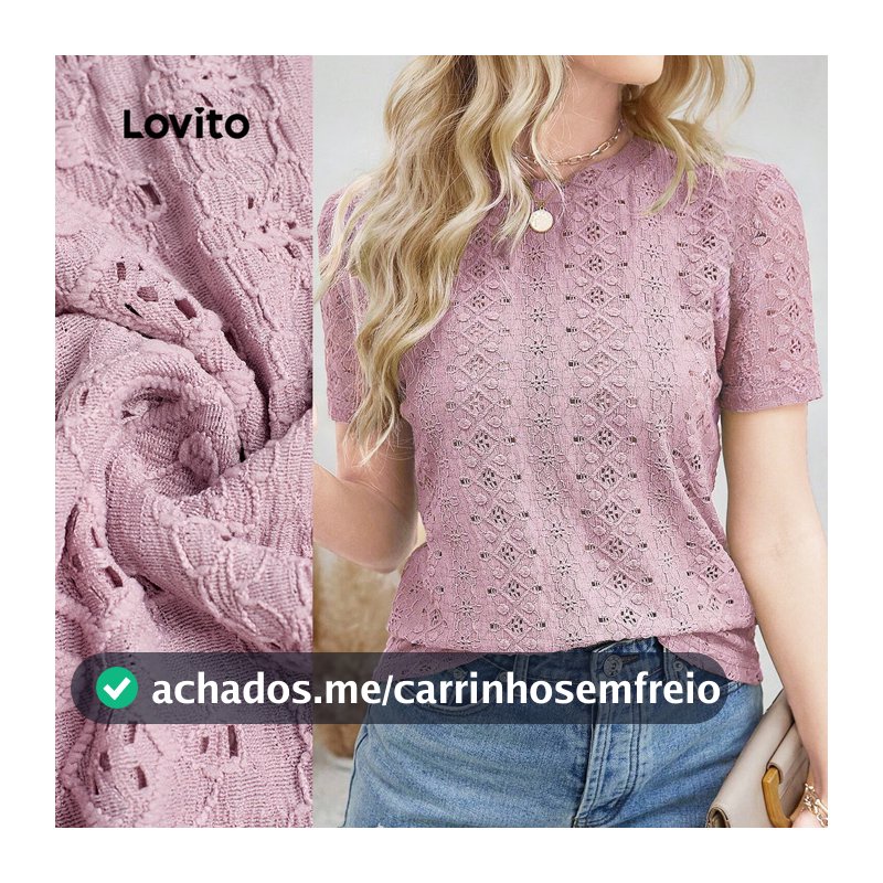 Lovito Renda Casual Blusa Primavera/Verão Blusa Rosa para Mulheres LBL32121