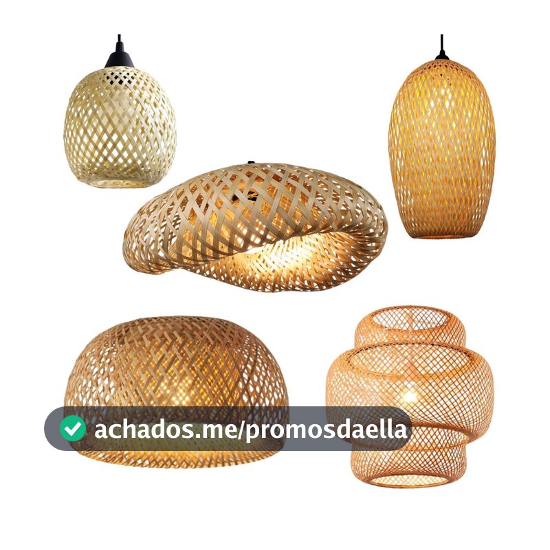 Conjunto Lustres Teto Luminária Pendente Bambu Rattan Rústico Trançado Artesanal Fibra Natural