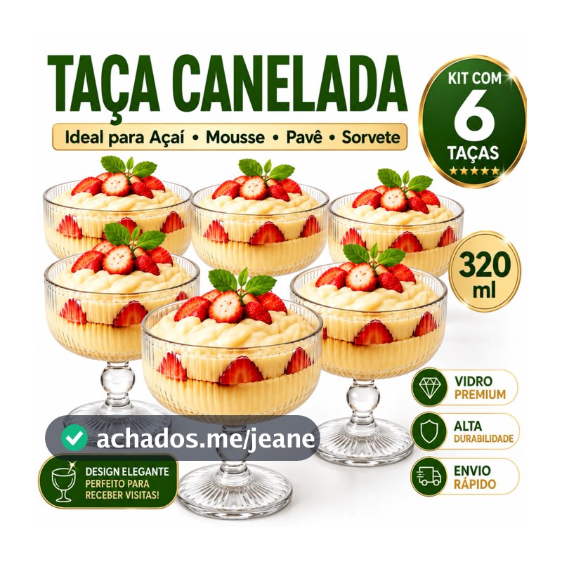Kit 6 Taças de Sobremesa 320ml em Vidro Canelado | Taça para Mousse, Pavê, Açaí e Sorvete