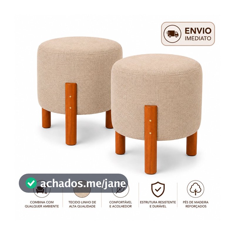 Kit 2 Puffs Redondos Decorativos com Pés de Madeira Linho Bege para Sala Quarto e Penteadeira