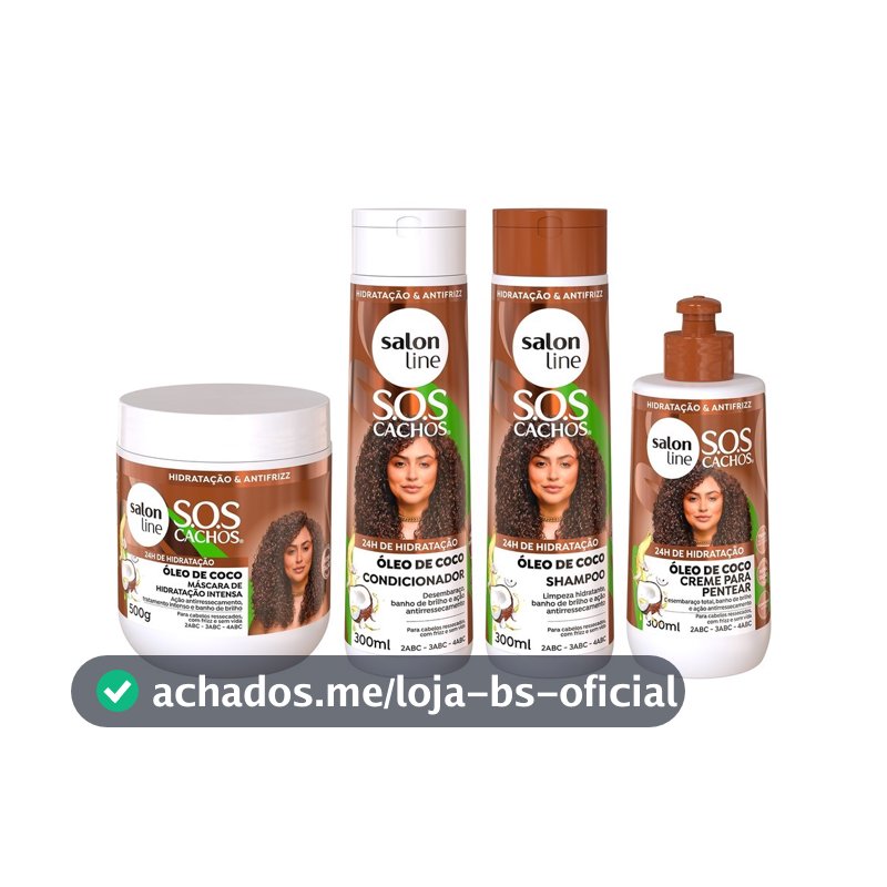 Kit SOS Cachos Coco Shampoo + Condicionador + Creme de Pentear + Máscara Salon Line