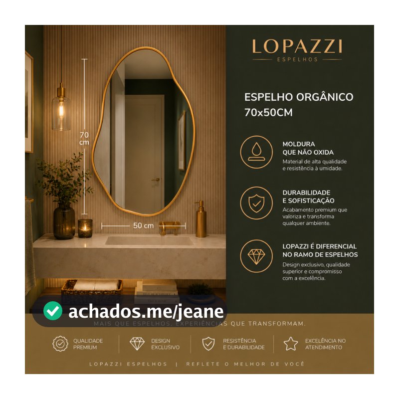 Espelho Orgânico Lopazzi Com Moldura em Alumínio Borda 70x50cm Banheiro Lavabo Decorativo Decoração