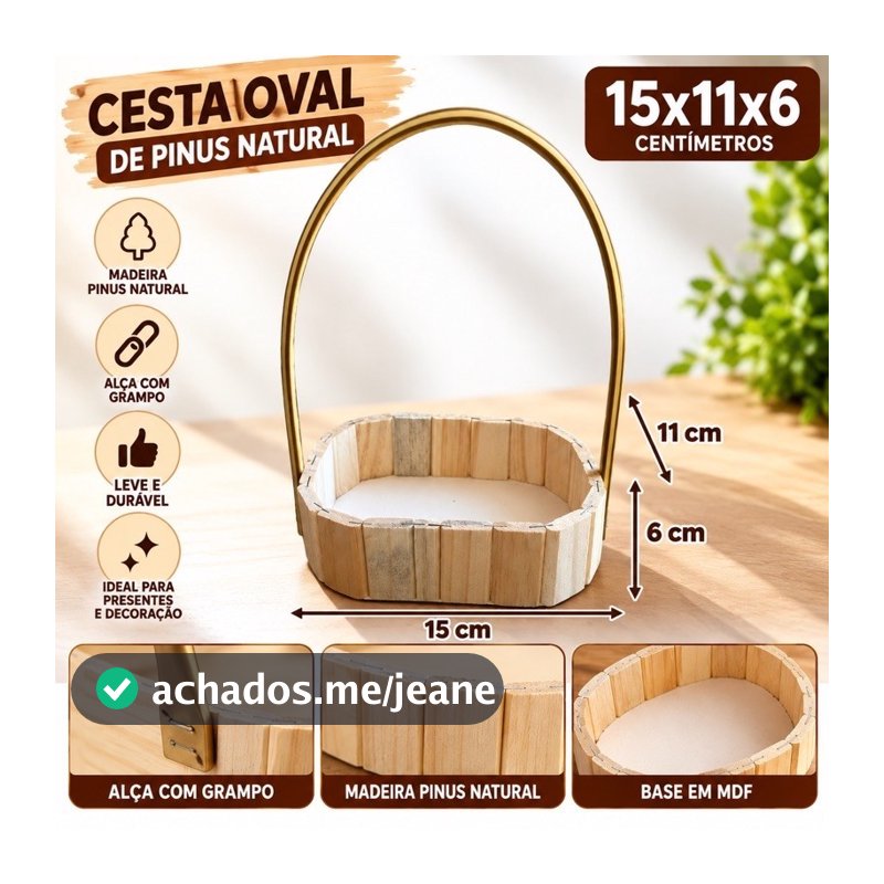 Kit C/30 Cestas Madeira Oval Alça Premium Presente 15x11cm