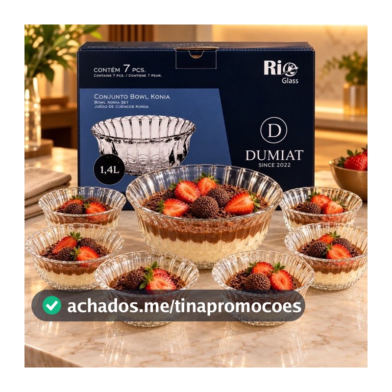 Jogo De Sobremesa Vidro 7 Peças Bowl Tigela Saladeira 1,4L Com 6 Taças Konia