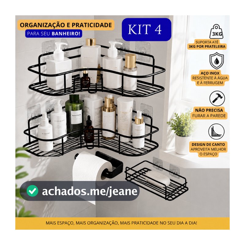 Kit 4 Organizador Banheiro Sem Furo Adesivo Suporte Shampoo Sabonete e Papel