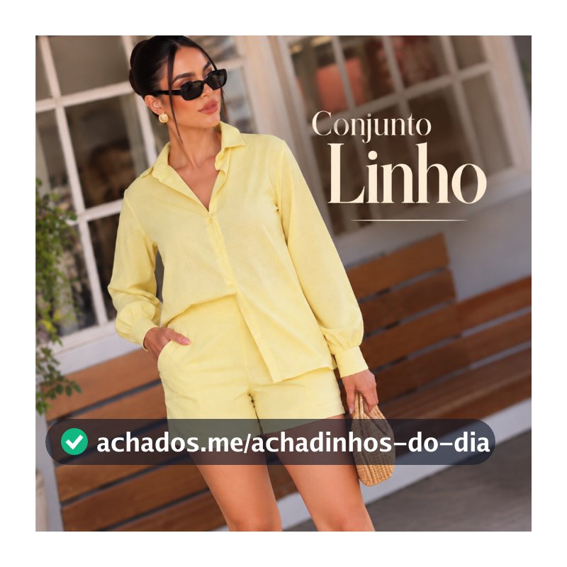 Conjunto Linho Feminino Camisa Manga Longa Shorts forrado