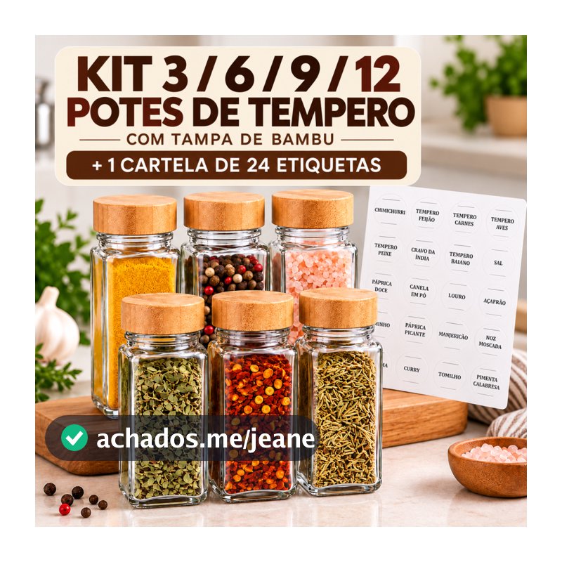 Kit Pote Porta Tempero Condimento Vidro Bambu Hermético Organizador Cozinha 120ml Saleiro