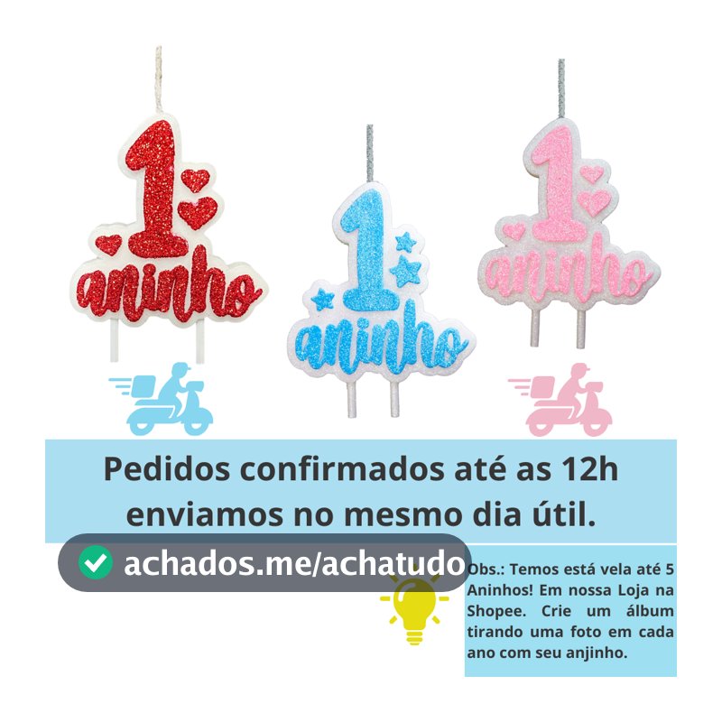 Vela de Aniversário 1 Aninho azul rosa ou vermelha