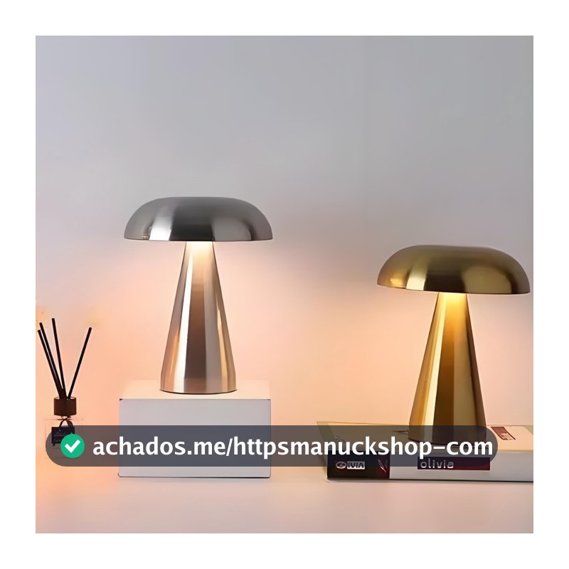 Luminária Abajur de Mesa Cogumelo Portátil Metálico LED, Quarto Restaurante, Recarregável USB, Touch com Dimmer