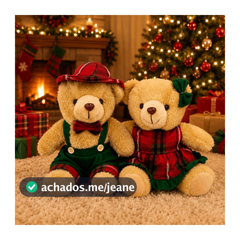 Casal de Ursos Natalinos com Boina e Vestido Xadrez 20cm Decoração Natal Presente