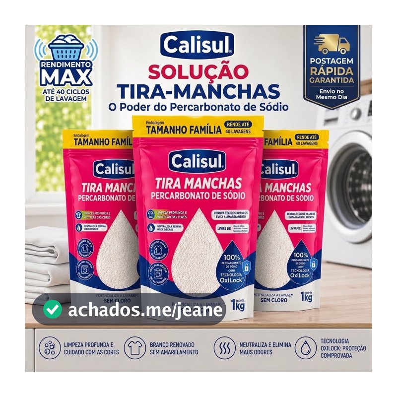 Percarbonato de Sodio Calisul - 100% Puro - Tira Manchas Roupas Brancas e Coloridas 1KG Remove Manchas Sem Cloro