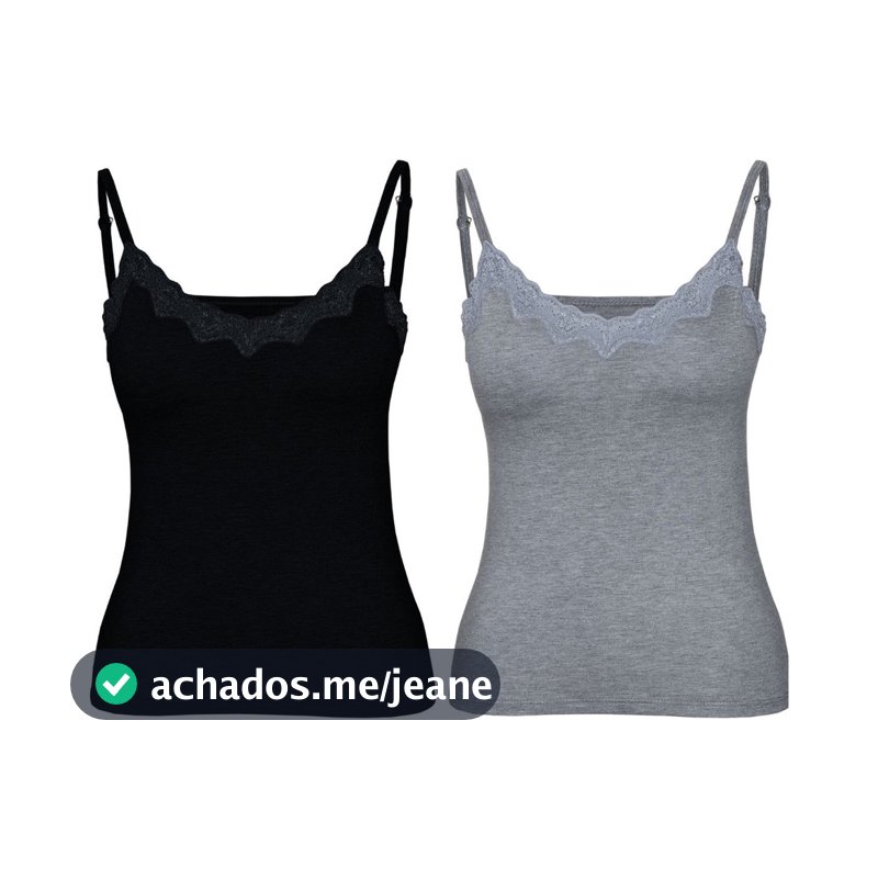 Kit 2 Regatas Femininas Com Alça de Renda e Bojo Fina Básica Diário Casual Moda Feminina Academia