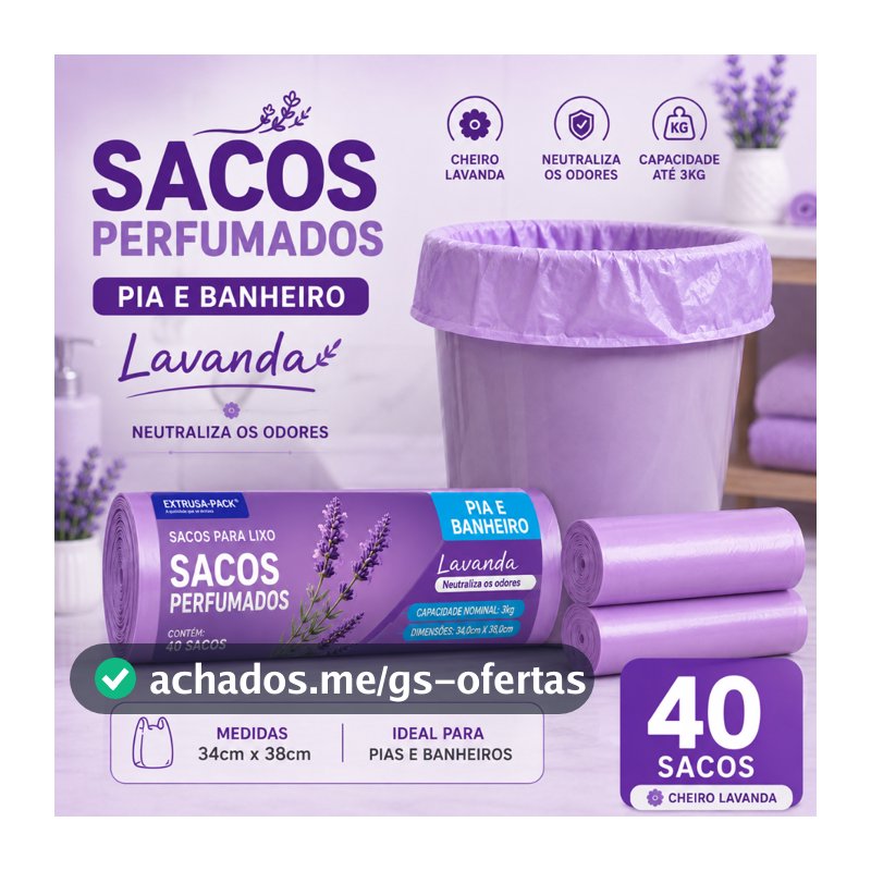 Saco de Lixo Perfumado Lavanda 40 Unidades 34x38cm para Banheiro Pia Lixeira até 3kg