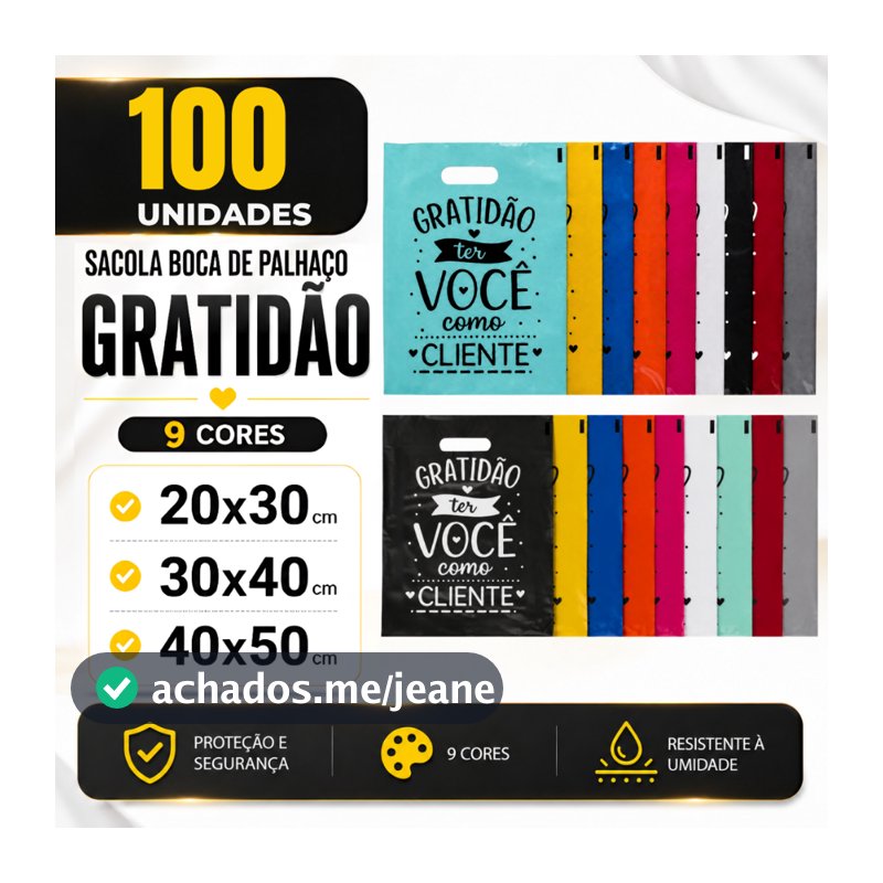 Kit 100 Sacola Boca de Palhaço 20x30 30x40 40x50 Gratidão Sacolinha para Lojas Frases Personalizadas