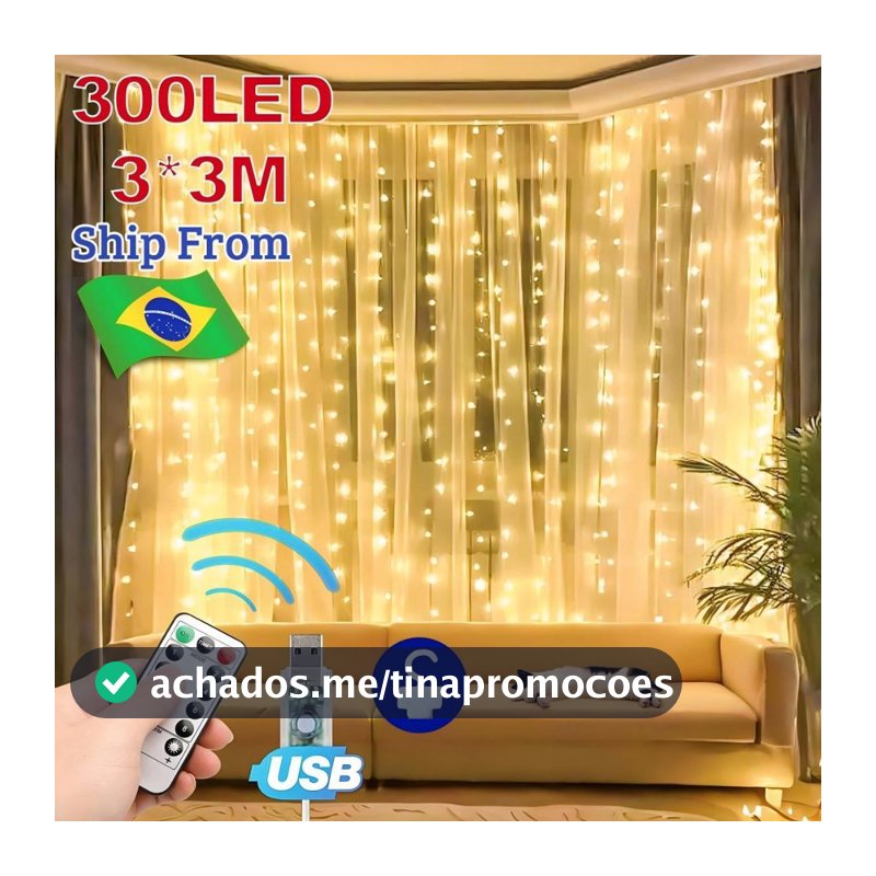 Cortina luz 300 LED 3x3M cortina com 8 Modos USB Natal Fadas Luzes Pisca Cascata Decoração Janela 110v-220v