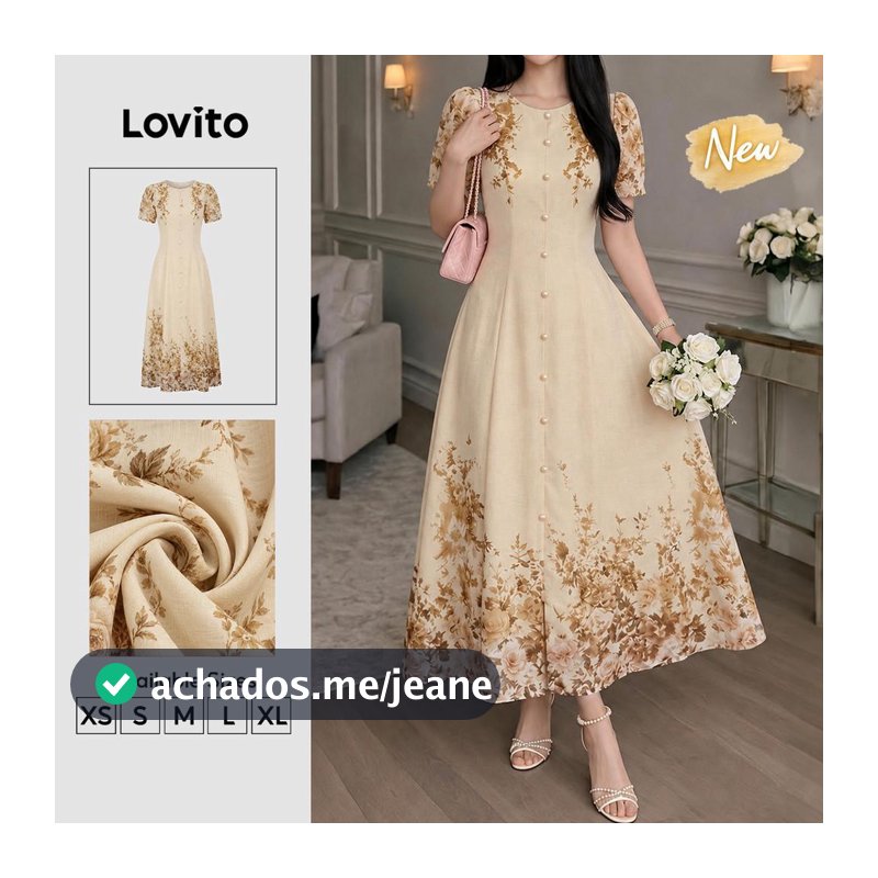 (New Arrival) Lovito Vestido Cáqui Feminino Elegante Com Estampa Floral Botões Frontais Estilo Resort Longo E Evasê Para Primavera/verão E Trabalho DRK11P2D282